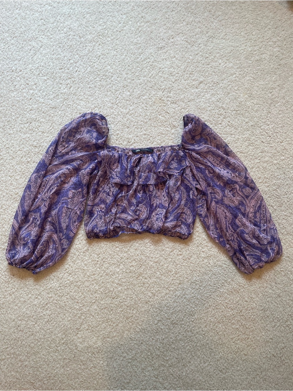Zara Purple Paisley Puff-Sleeve Crop Blouse